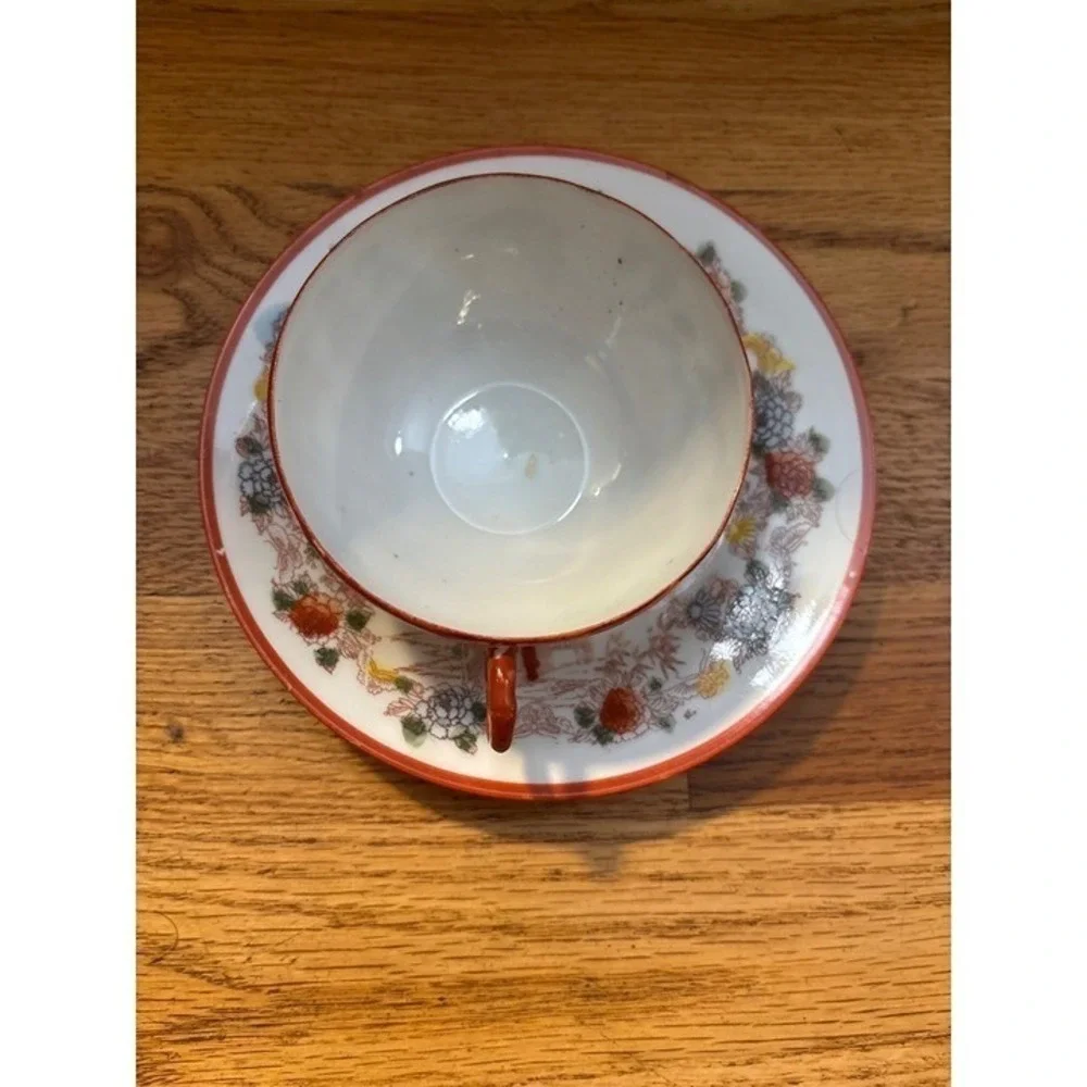Vintage Japanese Eggshell Porcelain Tea Cup Saucer Mount Fuji Hand Painted